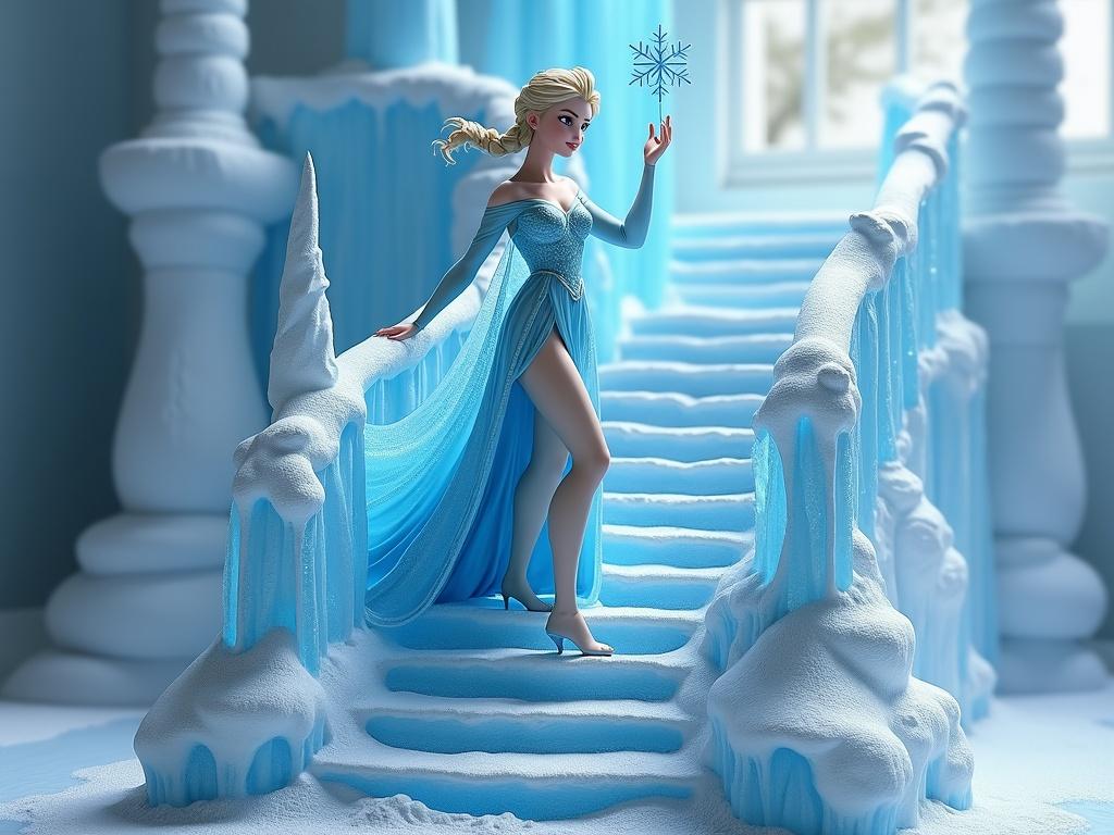 Resin statue inspired by Elsa from Frozen. She climbs an icy staircase created by her magic. Elegant and confident. She wears a semi-sheer blue dress with a high slit. Platinum blonde hair blows in the breeze. Right hand raises a snowflake spell. Left hand touches the icy railing. Staircase sculpted in resin. Ornate snow textures and magical details.