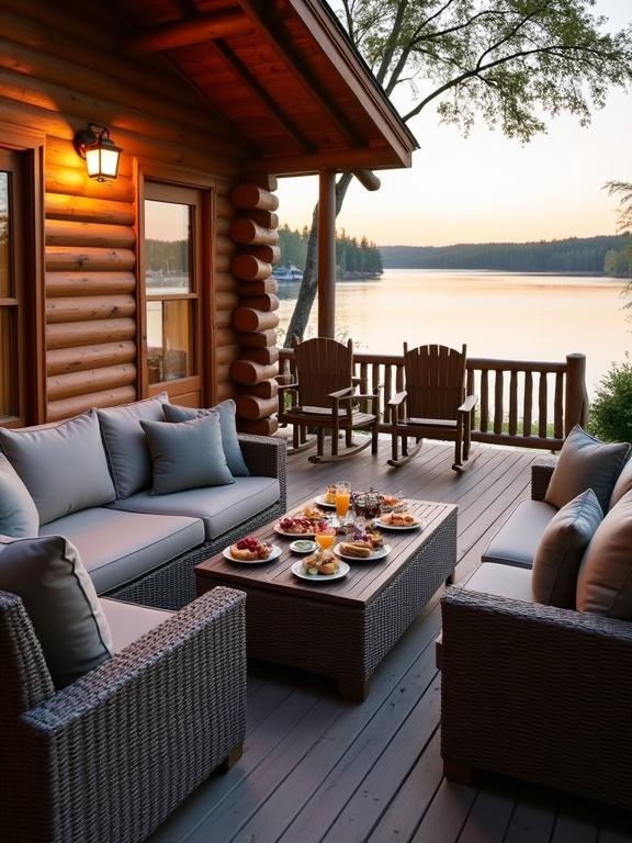 Outdoor seating area on a log cabin deck overlooking a lake at sunset. Features wicker sofas and armchairs, a rectangular coffee table with food and drinks, log walls, warm lighting from windows, and a peaceful natural backdrop.