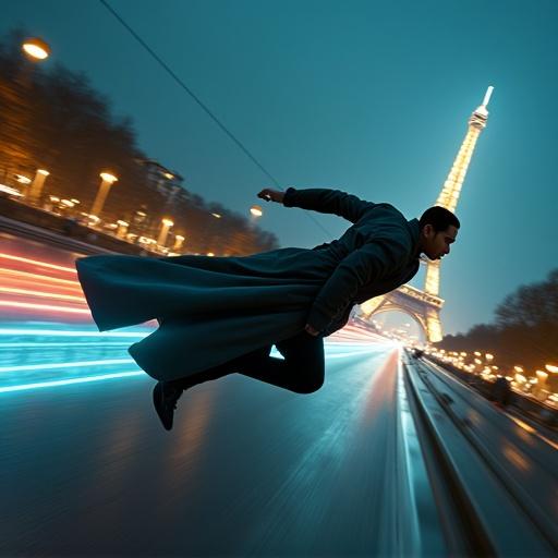 A man in a metallic trench coat flies fast in a streamlined pose. Neon lights blur behind him at night. Paris skyline glows in the distance with the Eiffel Tower. His coat ripples in the wind as he races through the night sky. City lights reflect on his figure.