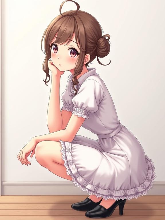 Stylish anime girl squatting gracefully indoors. Frilly white dress with short sleeves and lace trim. Neatly styled hair in a bun with a soft curl. One hand under chin. Elegant and playful expression. Black shoes with slight heel. Simple white wall and wooden floor. Soft lighting and gentle pastel colors.