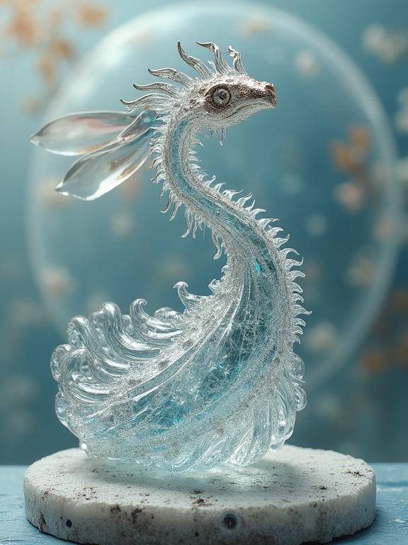Surreal style depiction of a glass dragon figurine with silver details. The dragon has flowing waves and intricate features, presented against an ethereal background. Ideal for decorative purposes.