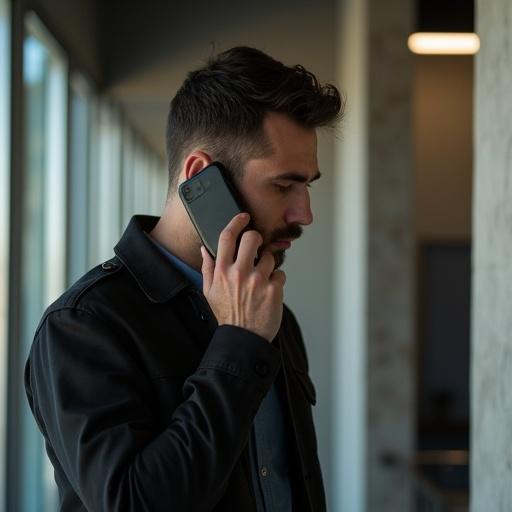 A man talking on his smartphone. He appears focused and engaged in conversation. The environment has modern architectural features with soft lighting. The man is wearing a stylish jacket and looks professional.
