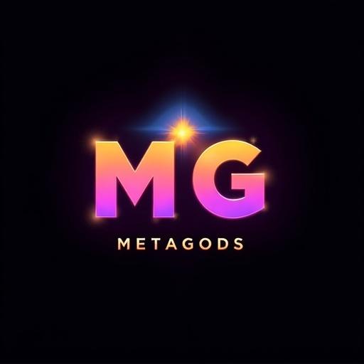 Digital logo design featuring stylized divine sci-fi letters 'MG' with a black background. Logo is divided into three color segments: blue to yellow gradient, pink to purple gradient, and orange to yellow gradient, connected by a golden arch halo. Below 'MG', word 'METAGODS' is bold in golden-yellow. Design is sleek, modern, detailed, with glowing edges creating a sense of depth. Evokes mystery and otherworldliness for a unique brand identity.