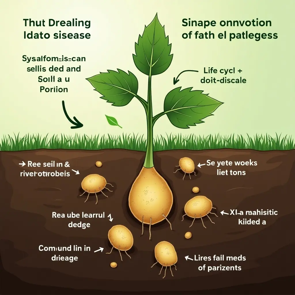 This illustration depicts a potato plant with developing tubers under the soil. The plant shows signs of disease symptoms. Surrounding the plant, the image illustrates the life cycle of a pathogen, detailing how it can exist in the soil or be introduced through seeds. The roots and tubers are visibly affected by the disease conditions. This visual representation serves to educate on agricultural practices related to potato cultivation and disease management.