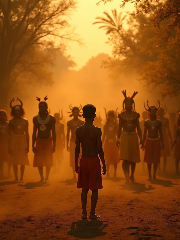 Exu stands at a crossroads during sunset. He gazes towards a gathering of Orixás in sacred garments. Earthy ground and shimmering air create a mystical atmosphere.
