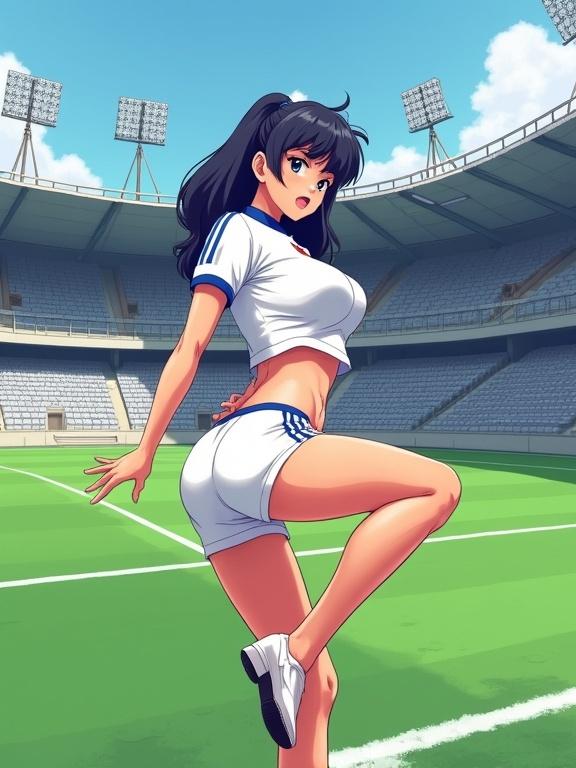 Digital anime illustration features a character in a Japan National team soccer jersey. The character shows a flirtatious pose in a stadium. There are empty seats, green pitch, and modern floodlights visible.
