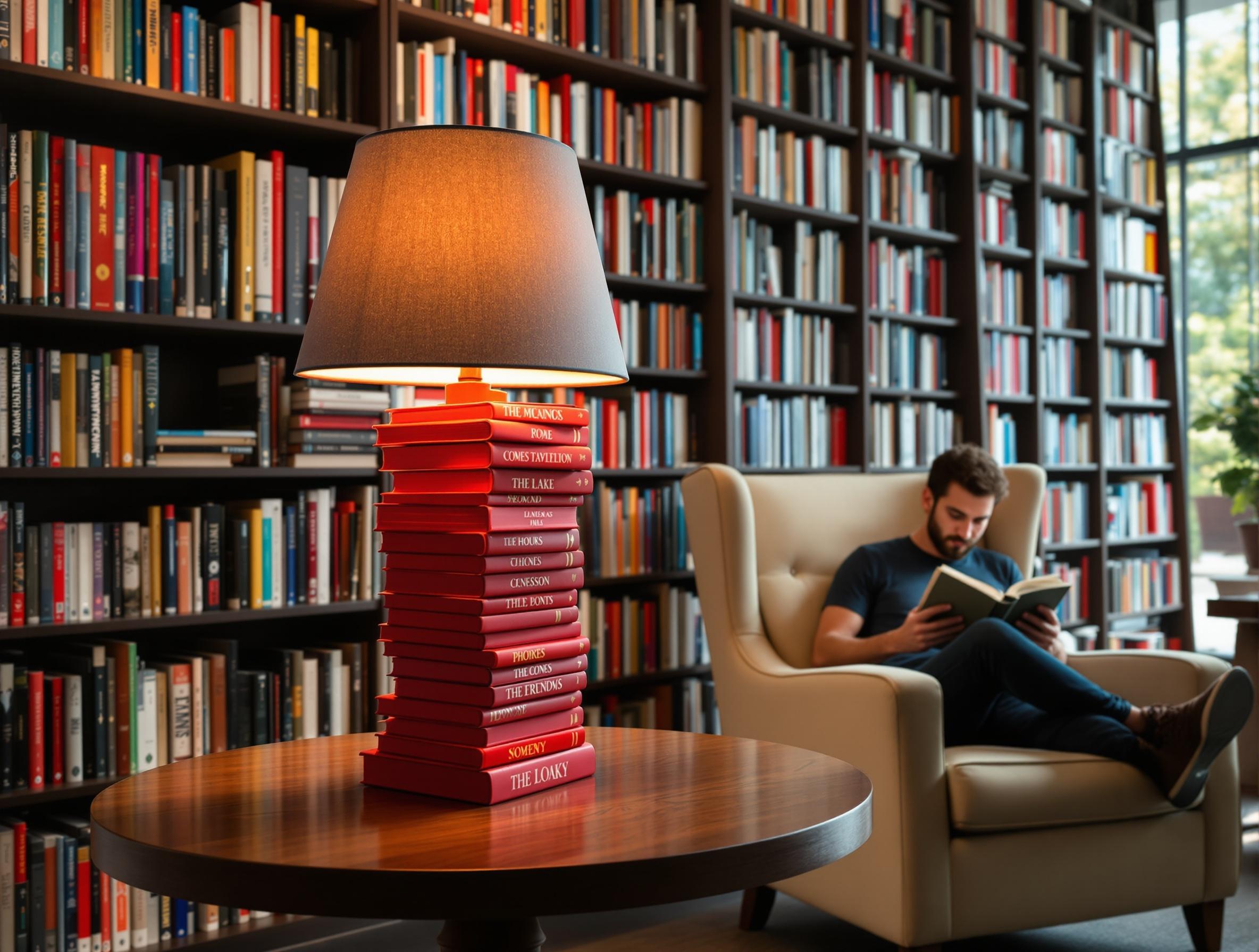 Image of a cozy reading nook in a library. A lamp made of stacked red books sits on a wooden table. Tall bookshelves filled with colorful books are in the background. A person reads a book in an armchair. Natural light illuminates the space.