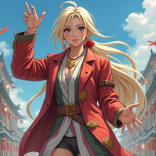 Anime character poses confidently in traditional attire. Long blonde hair flows. Expressive face with a welcoming gesture. Set in an Asian-inspired environment with decorative elements.