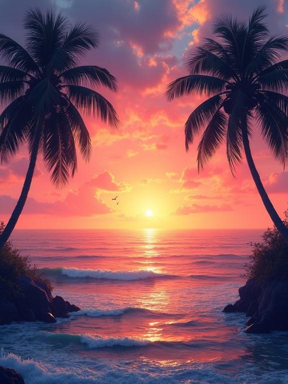 A sunset over the ocean. Palm trees silhouetted against the sky. Vibrant colors of orange, pink, and purple. Gentle waves reflect light. Birds fly in the distance. Peaceful tropical scene.