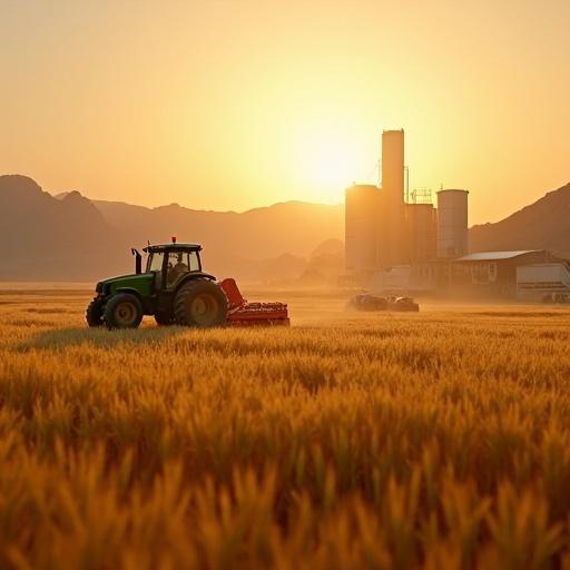 Aerial view of golden wheat fields nestled between mountains at golden hour. Lush green wheat crops swaying in the breeze against desert formations. Modern tractor plowing land at sunrise with a local farmer. Overview of project layout with cinematic labels. Workers in high-tech flour mill with bags of Hadramout wheat. Close-up of clean packaging with branding. Portrait of local workers in front of silos. Harvesters moving in wheat fields at sunset. Modern building labeled Hadramout wheat with logistics truck and flour bags.