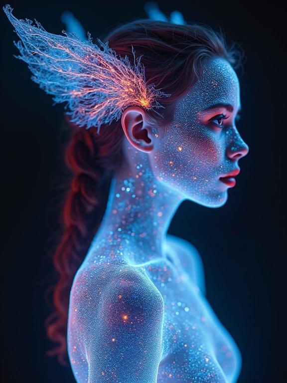 Striking image features a mystical female creature. The subject illuminated with vibrant light painting techniques creates an ethereal atmosphere. Resembles surreal aesthetic seen in Brandon Woelfel's work.