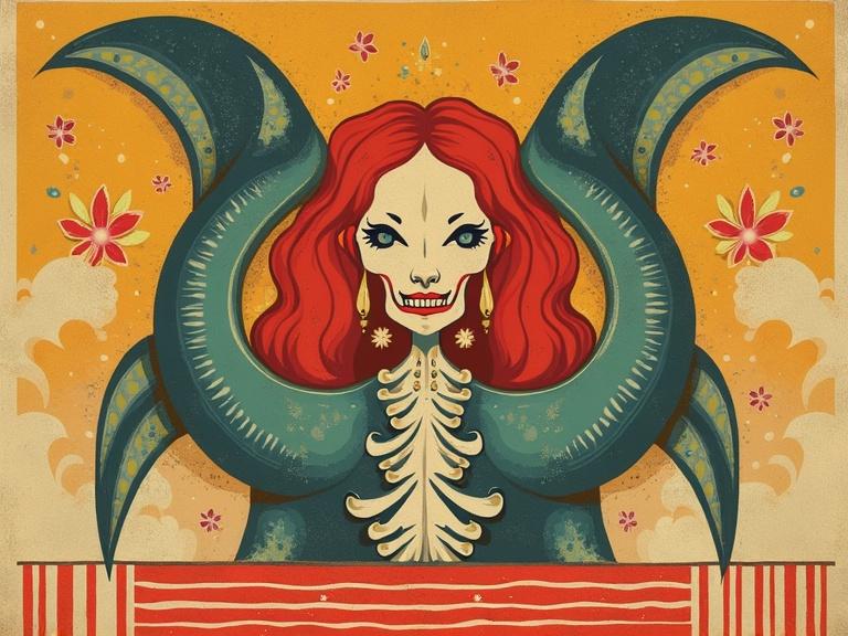 Art for an advertising poster styled like 60s graphic design. Central figure with red hair and skull features surrounded by decorative elements.