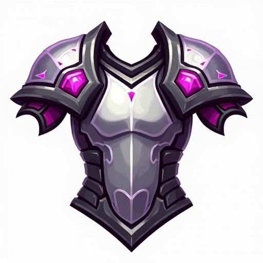 Icon of legendary breastplate featuring silver and white with purple black and pink accents for card game. Designed in World of Warcraft style. Size 48 x 48 pixels transparent background.