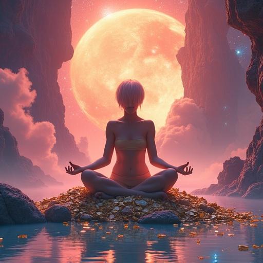Meditating figure with short hair. Attractive and confident. Hyper-feminine Android. Surrounded by gold coins and multicolored gems. Floating in a colorful nebula. Waterfall of amethyst and rose quartz liquid. Intricate and hyper-detailed scene. Epic fantasy art style.
