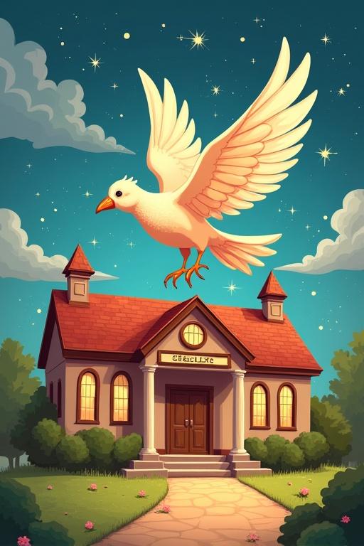 Magical bird flying over a school. Bird transforms school into chocolate. Cartoon style. Vibrant colors. Sparkling effects.
