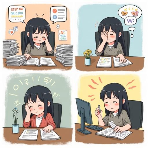 Four-panel manga showing Mizuki challenged at work. First panel: Mizuki stressed at desk with papers. Second panel: Mizuki discovers a notebook with positive elements. Third panel: Mizuki practice salt spell or talk to coworker. Fourth panel: Mizuki looks hopeful and bright while working.