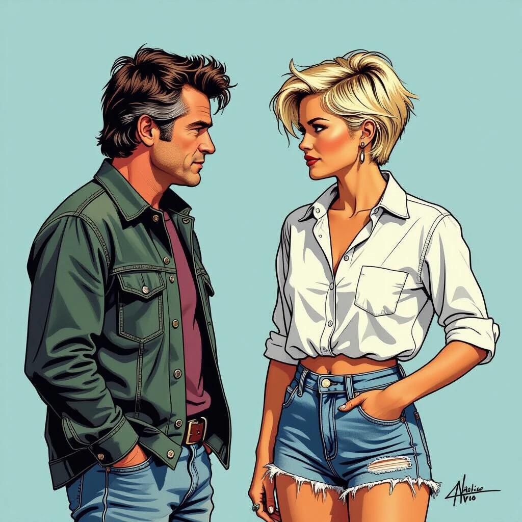 Portrait of actress Jodie Foster age of 20. Punky haircut shoulder-length blonde hair on one side cropped short on the other. She wears unbuttoned knotted white shirt rolled arms faded ripped denim shorts. Side view. Comic-strip style illustration with strong contour lines. She stands opposite to Robert De Niro looking at him challenging self-confident. One hand on hip other on shoulder from opposite.