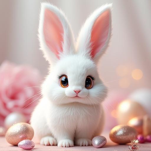 A fluffy white bunny with large eyes sits against a pastel background. The bunny has dazzling sparkles around it. The text 'happy easter!' appears at the top. Soft colors and cheerful mood dominate the scene.