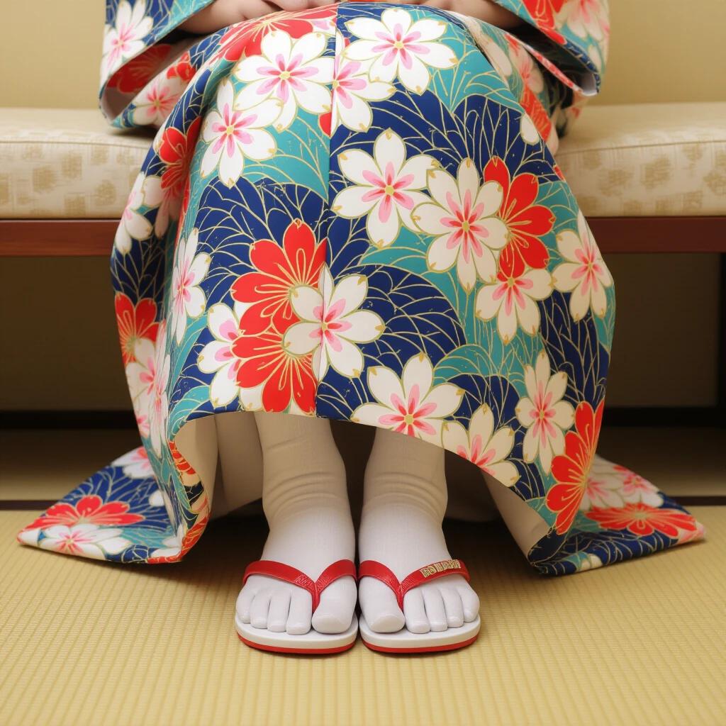Detailed view of traditional Japanese feet in sandals. Elegant kimono with vibrant floral patterns. Soft lighting enhances beauty of attire and footwear.