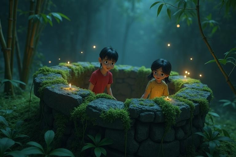 A vibrant 3D close-up of a stone well covered in moss. Children peer over the edge. Eerie mist surrounds the well. Fireflies glow faintly. The well is cracked. Bamboo in the background sways.