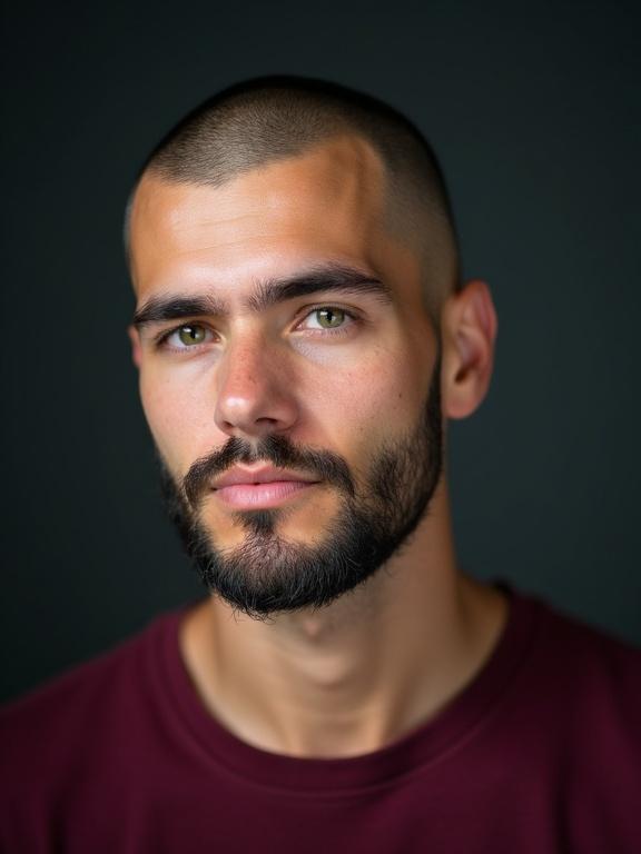 Studio portrait photograph captures intriguing young man with green eyes well-groomed beard closely shaved head wearing deep burgundy t-shirt complementing good complexion.