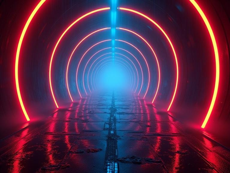 A vibrant cyberpunk tunnel at night with deep blue and red orange yellow lighting. The tunnel has a ring style and creates an endless mirror effect. Sevenfold multi-strobe laser light beams are shooting through the tunnel. The atmosphere is moody with fog and rain effects. This gives a cinematic look reminiscent of Tron Ares.