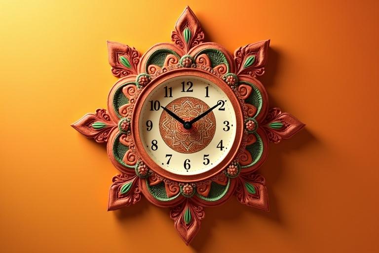 3D render depicts handcrafted wooden wall clock. Clock features Rajasthani peacock motifs. Background shows saffron and terracotta gradient. Mandala patterns visible on clock face. Soft shadows enhance depth. Clock radiates warm golden glow. Style reflects semi-realistic and elegant aesthetics.
