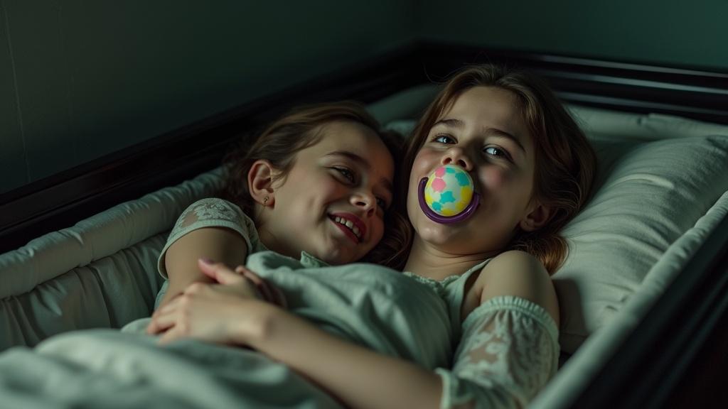 A surreal emotional scene shows mother and tween daughter in casket. Subtle lighting highlights the dramatic atmosphere. The daughter has oversized pacifier. The girl appears tense and scared. The mother smiles and plays with a rattle. They spend last day together. The child expresses fear of dying. Mother explains their fate. A gravestone stands above their grave with girl's name and dates.
