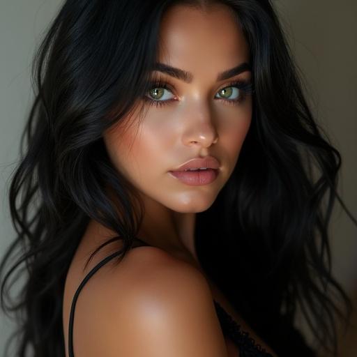 Portrait of a latina girl with captivating green eyes and long black hair. The image should reflect beauty and realism.