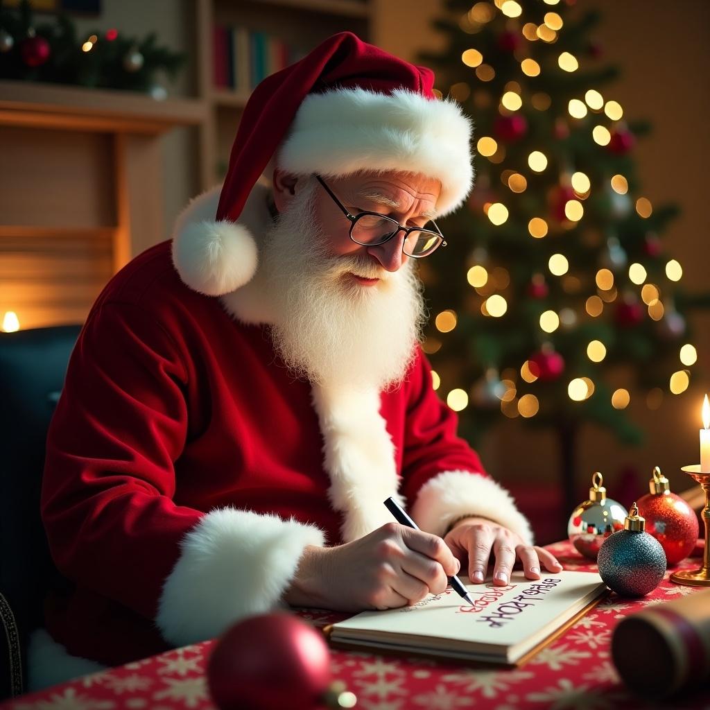 Santa Claus writes names on colorful baubles while sitting in a cozy Christmas setting. Red and white costume, surrounded by festive decorations, Christmas tree lights glowing softly.