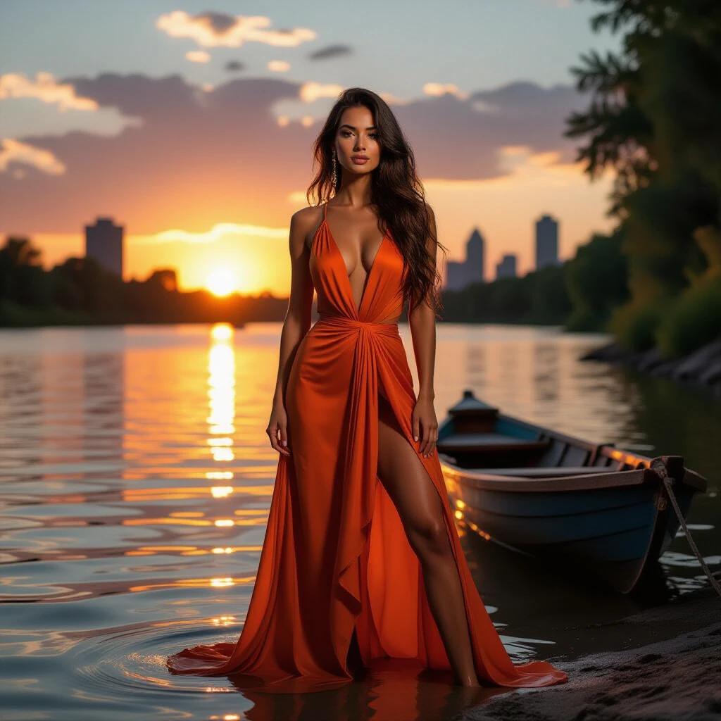 A woman stands confidently at the water's edge. She wears a captivating orange dress that flows elegantly. Long hair cascades over shoulders. The scene is at sunset with a colorful sky. A river reflects vibrant sunset hues. City skyline silhouettes are in the background. A boat is moored nearby. The atmosphere is tranquil yet lively.