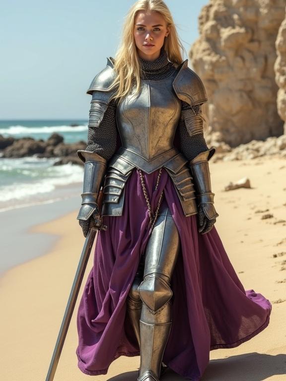 Young woman in medieval armor standing on Mediterranean beach. She wears silver armor with chainmail underneath. Long blonde hair flows down. Thick purple cloak covers her waist. Armored shoes touch sandy shore. She holds a sword at her side. High quality photo in realistic style.