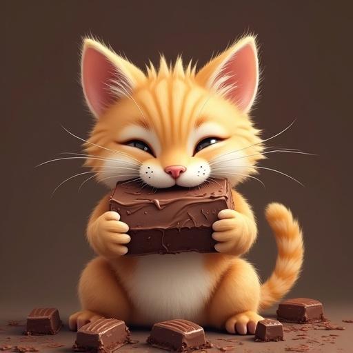 Cute kitten holding chocolate bar with chocolate on mouth. Illustration with no background.