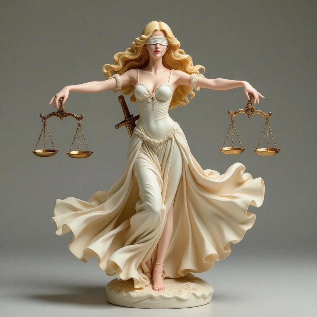 Sensual female resin figure inspired by Libra sign. Blonde woman in a classic ballerina pose with arms outstretched. Dress with ruffles flowing in the breeze. Long hair blowing. Blindfolded and carrying sword on back.