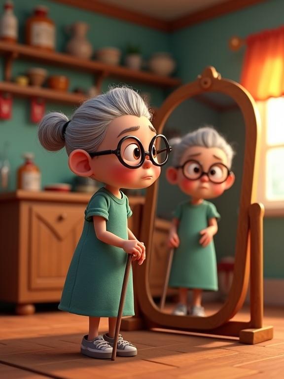 3D cartoon character in a cozy kitchen. Character appears confused wearing a grandma dress and glasses, holding a cane. Character looks at a mirror reflecting a younger version. Pixar and DreamWorks animation influence.