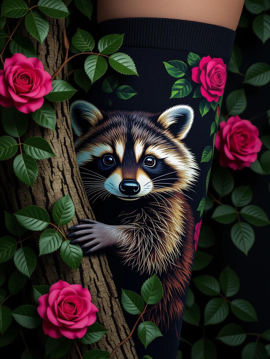 Close-up of thigh-high socks featuring a raccoon hidden behind a tree. Vibrant dark colors with ivy and roses. High definition professional photo with a black background.