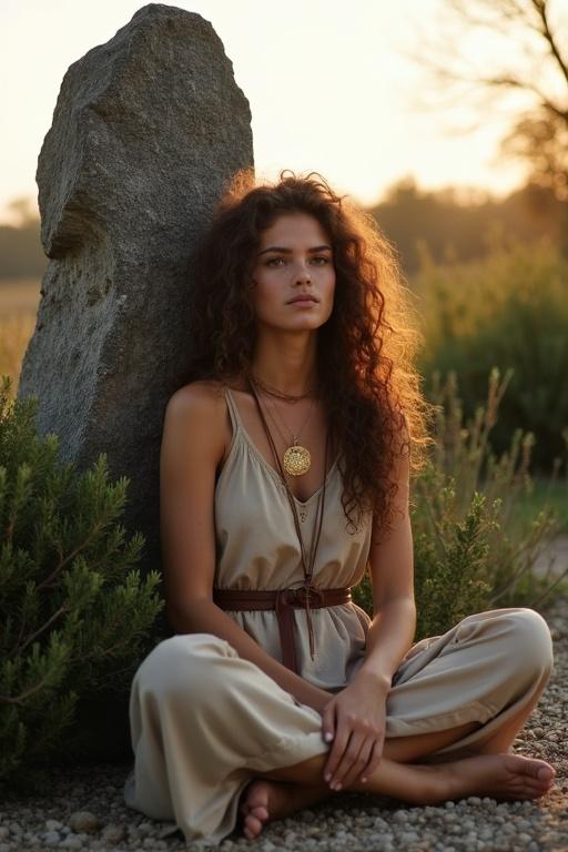 A young woman with long brown curly hair sits cross-legged against a tall menhir. She wears a natural-colored frock and simple leather belt. Around her neck is a golden medallion. The scene is illuminated by the warm light of evening during early spring. Dense shrubs are in the background, and the ground is rocky with sparse wild herbs.