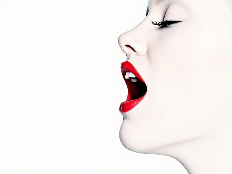 A portrait of a woman's face with an open mouth. Background is white. Woman's lips slightly parted. She is wearing red lipstick. Overall style is modern and minimalistic.