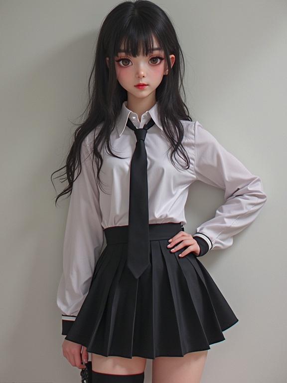 Teen in a fashionable outfit consisting of a white blouse, black skirt, and tie, complemented by thigh-high socks.
