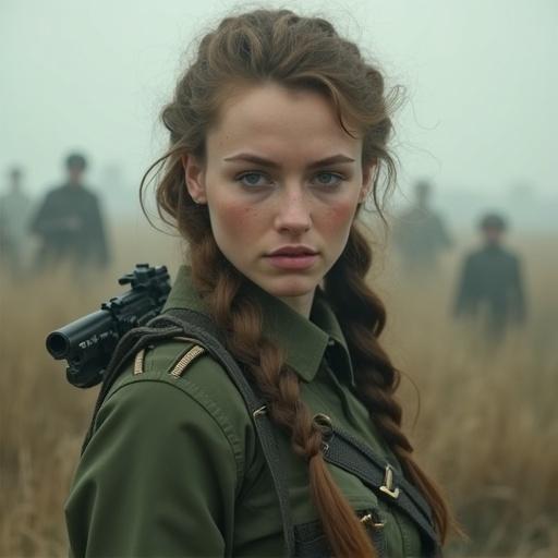 Young woman wearing a green military jacket holding a gun in a war-prone area. She has braids in her hair. Background shows other military figures in a hazy, windy environment. Bokeh effects create a dramatic atmosphere.
