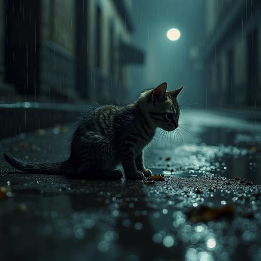 Dark alley at night features a wet kitten sitting in the rain. Puddles on asphalt show streetlight reflections. The scene radiates a sad and atmospheric mood with realism and high detail.
