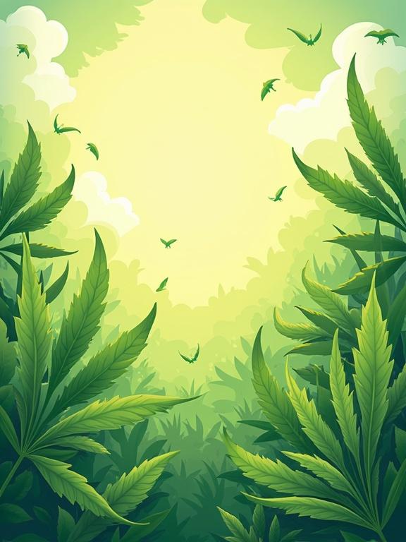A vibrant A4 poster background for Singapore Primary School Students with a theme against using weed. The design features lush green cannabis leaves surrounding a bright sunny backdrop with clouds and flying birds. The atmosphere should evoke a sense of peace and happiness while promoting health awareness.