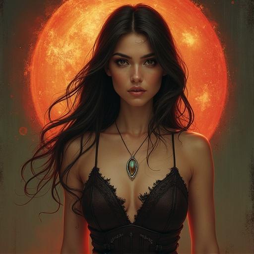Woman with long hair standing in front of a large orange moon. She wears a dark dress with intricate details. Jewelry adorns her neck.