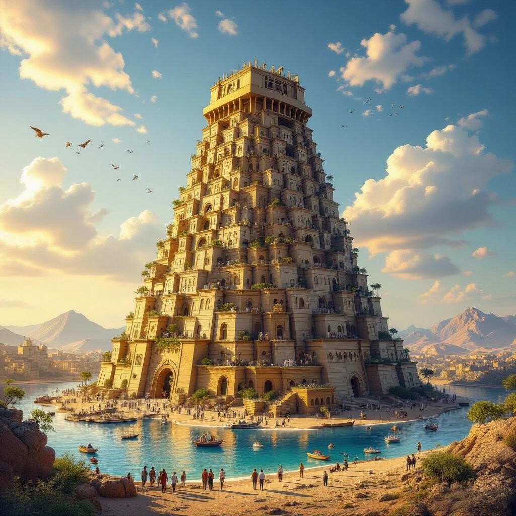 A grand Tower of Babel reaching for the sky. Tower made of multiple levels with intricate designs. Scene shows people near a lake with boats. Mountains and clouds visible in the background.