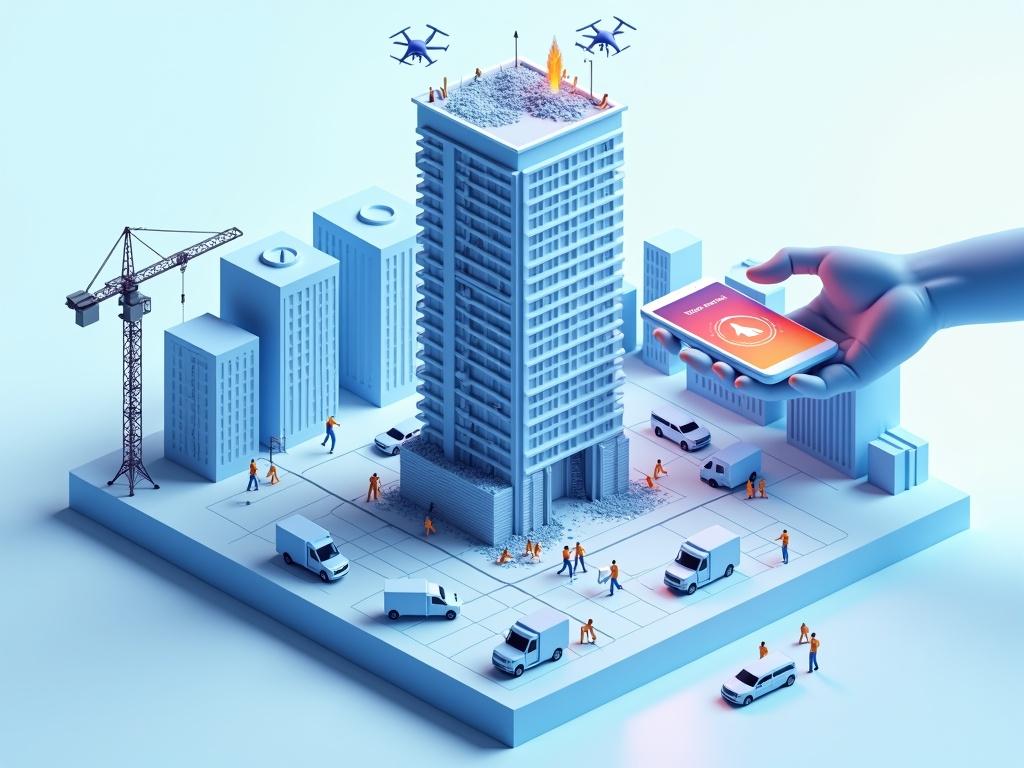 Isometric digital illustration showcases futuristic disaster response scene. A high-rise building is devastated with rescue teams surrounding it. Drones are flying above and a crane is present. Emergency vehicles are positioned around the area. A large hand is holding a smartphone displaying seismic activity signals. Light blue tones dominate the scene. The style is 3D diorama.