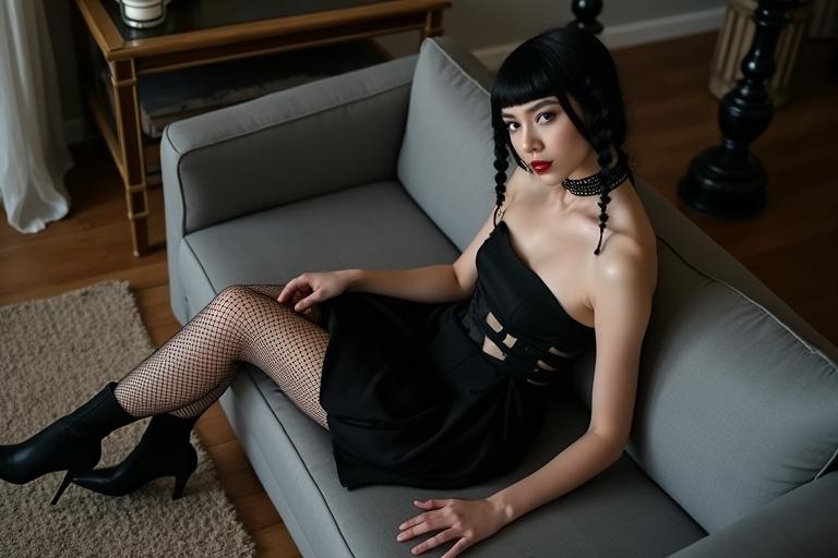 Portrait of a woman styled as Wednesday Addams. She wears a black strapless dress with cutouts and fishnet stockings. The woman reclines on a gray couch. Braided black hair styled in Wednesday's signature look. Soft lighting and modern gothic elements are present.