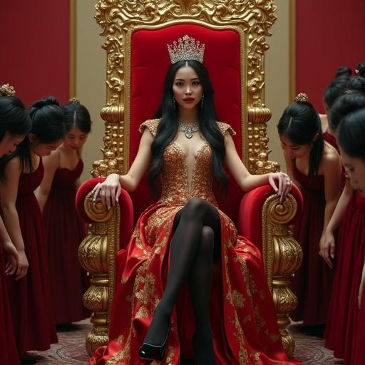 Young beautiful Empress sits on a majestic throne. She wears a luxurious gold-embroidered gown and a diamond crown. Long legs are crossed elegantly. Dozens of maids bow and kiss her heels. Photorealistic and ultra-detailed textures. Individual hands with long beautiful nails.