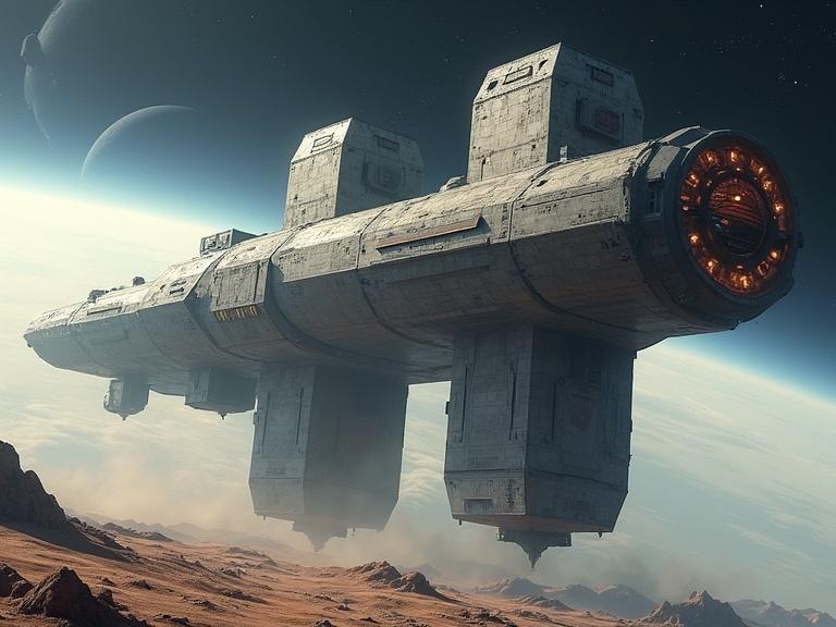 A huge sci-fi blocky bevel spaceship with windows and thrusts on the bottom shaped like the letter H landing on a planet. The image emphasizes details and realism with pronounced shadows.