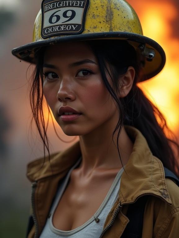 Striking portrait of soot stained female firefighter shows bravery and strength. Long dark hair in a bun with loose strands. Warm brown skin and expressive dark eyes reflect duty and compassion. Soot-streaked firefighter helmet with station 69 badge. Protective jacket unzipped over sweat stained tank-top. Blurred smoky fire rescue background enhances urgency. Dramatic lighting highlights strong jawline. Cinematic style with depth and a focused expression.