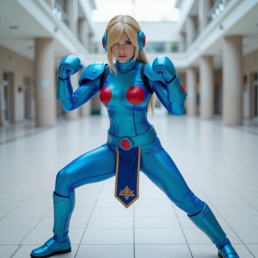 Cosplay of Samus Aran depicted in her Zero Suit demonstrating a Muay Thai fighting stance. The character is dressed in a blue bodysuit with red accents. The setting appears to be an indoor hallway with tiled flooring and ample lighting.